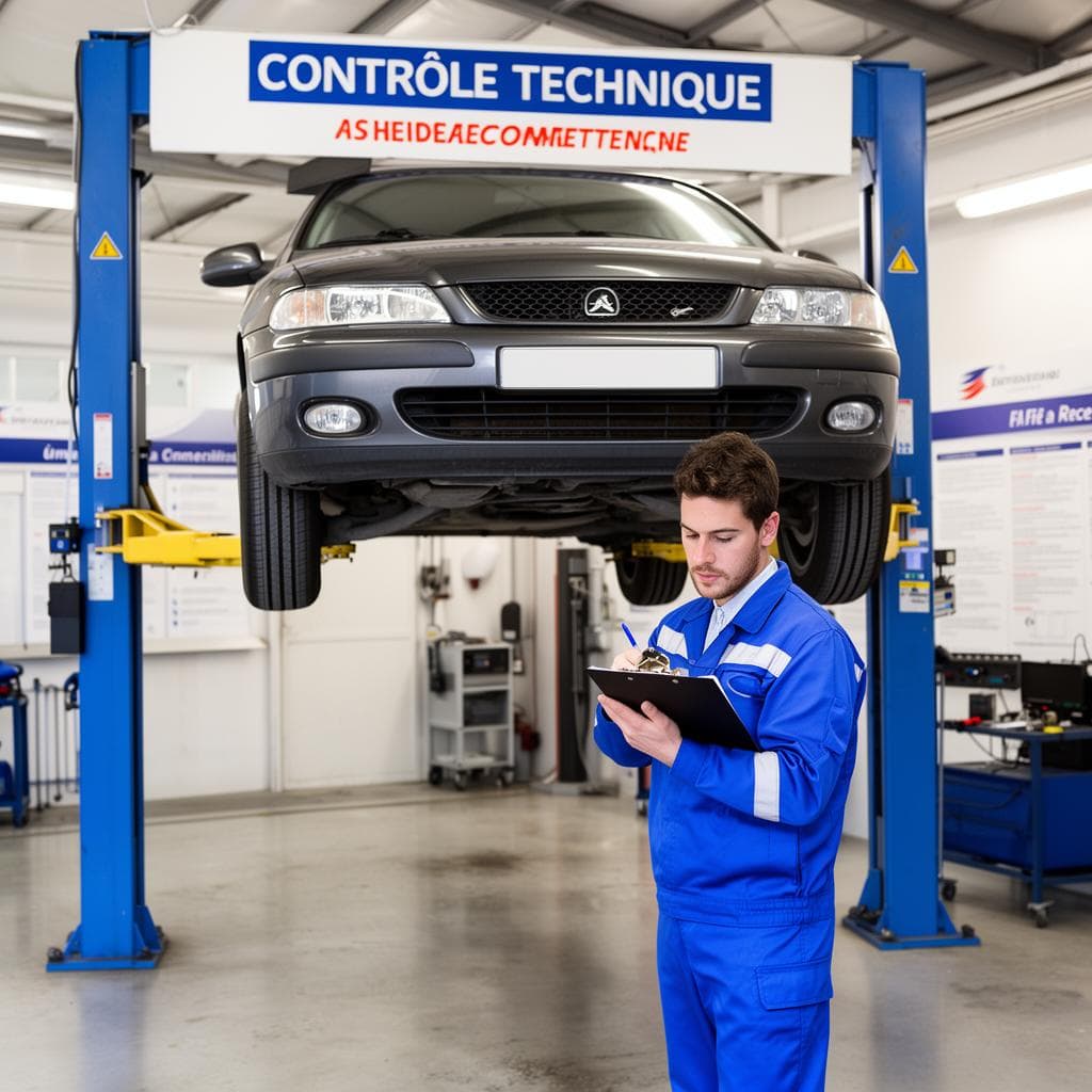 Véhicule en panne sur un pont de contrôle technique automobile