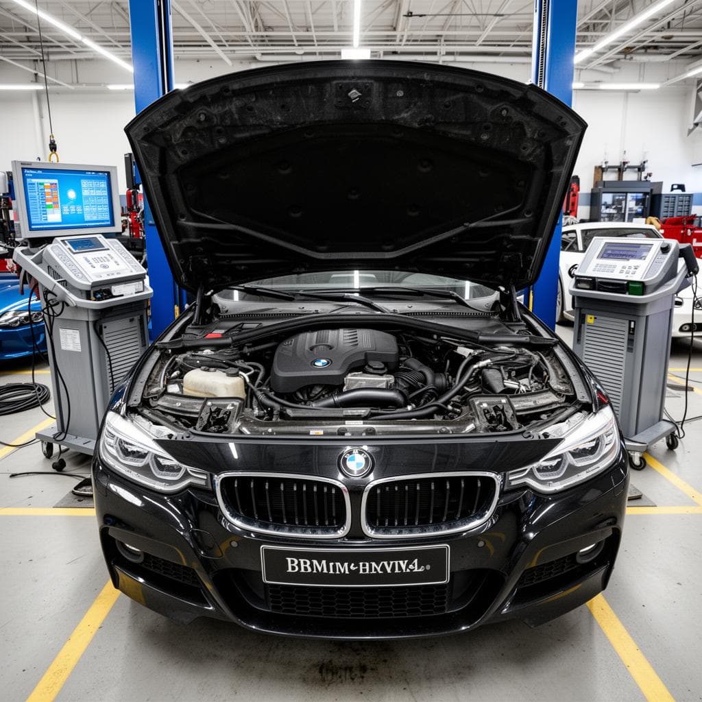 BMW Série 3 en panne avec moteur ouvert en atelier