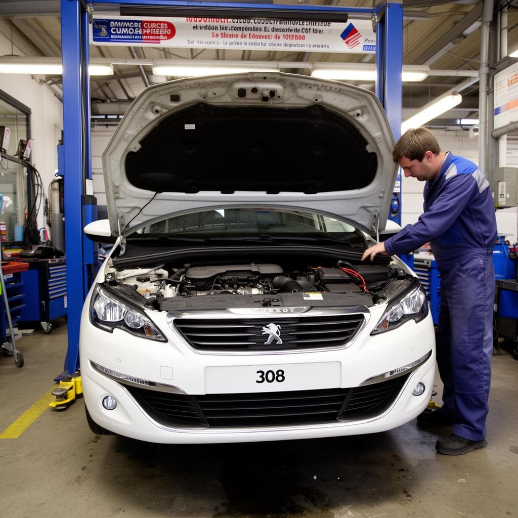 Peugeot 308 en panne dans un garage pour diagnostic mécanique