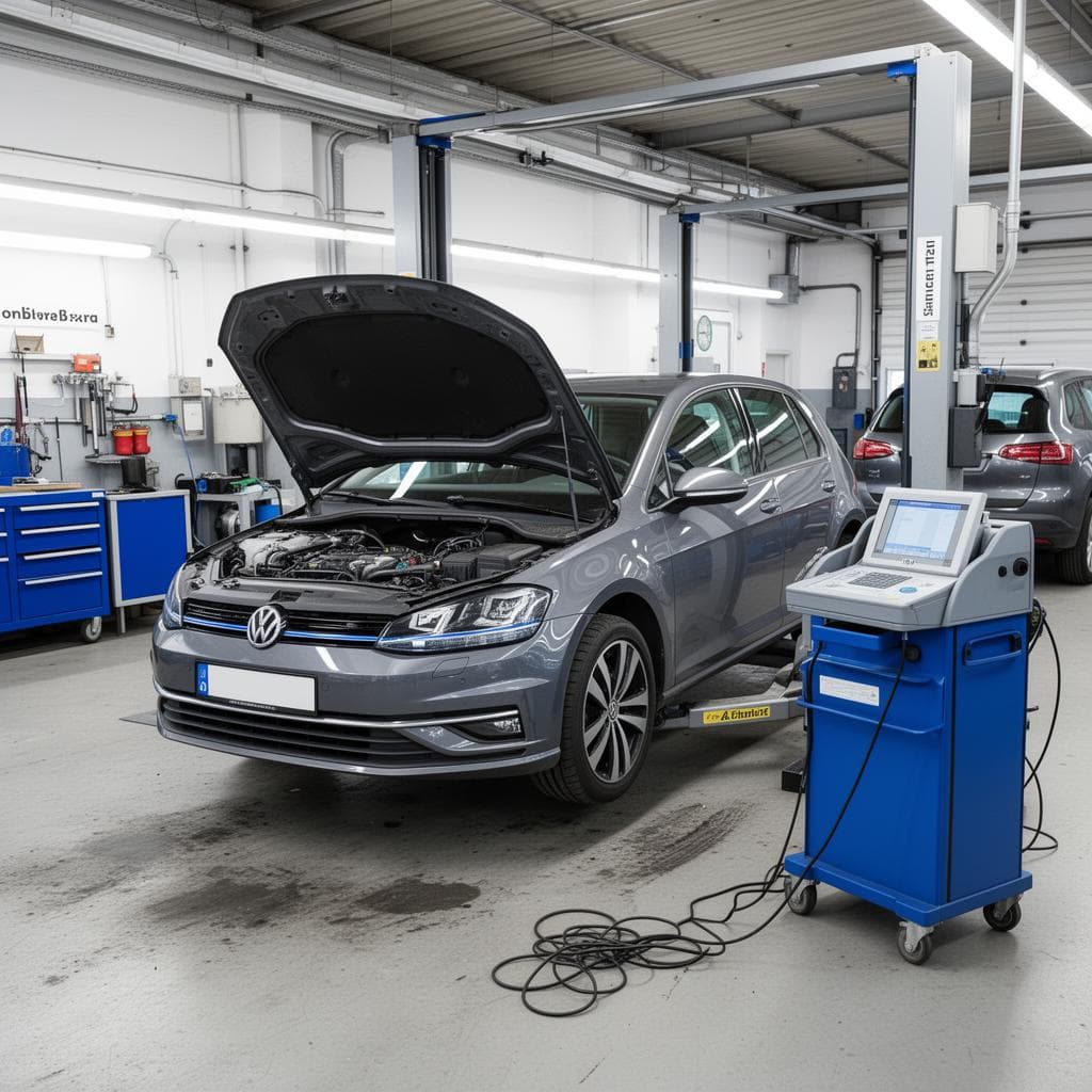 Volkswagen Golf en atelier avec capot ouvert pour réparation